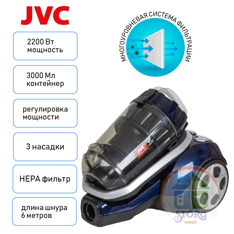 Пылесос JVC JH-VC411 (Синий/Серый; Мощность 2200Вт/400Вт; МУЛЬТИ-ЦИКЛОН; Объем резер.3л;НЕРА фильтр)