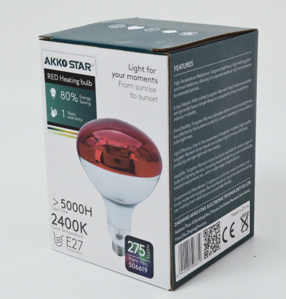 Лампа греющая инфракрасная ИКЗК AKKO E27-275W (2350-2400K) красное-стекло 125х183мм Лампа греющая инфракрасная ИКЗК AKKO E27-275W (2350-2400K) красное-стекло 125х183мм