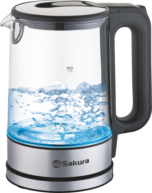 Чайник электрический SAKURA SA-2726SBK (Черный/Серебр; Объем 1.7л;Мощность 2200Вт; Стеклянный;Подсв)