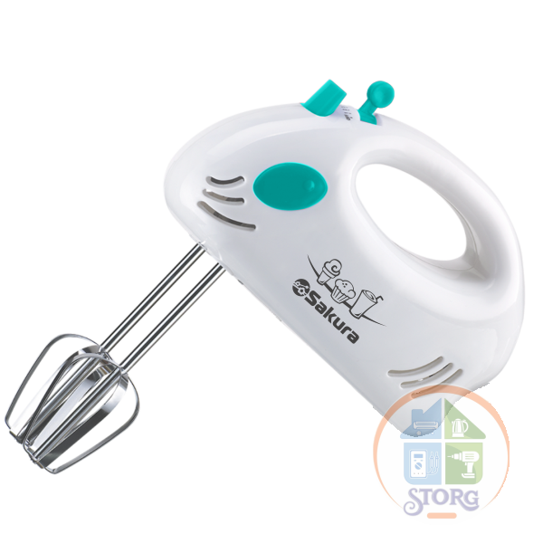 Миксер ручной SAKURA SA-6307BL, белый/бирюзовый, 150Вт, 7 скоростей, венчик, крюки
