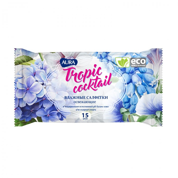 Влажные салфетки AURA TROPIC COCKTAIL освежающие pocket-pack 15шт КК/110/ 8136