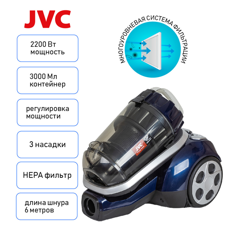 Пылесос JVC JH-VC410, Синий/черный, 400/2200Вт, уборка сухая, пылесборник контейнер 3л Пылесос JVC JH-VC410, Синий/черный, 400/2200Вт, уборка сухая, пылесборник контейнер 3л