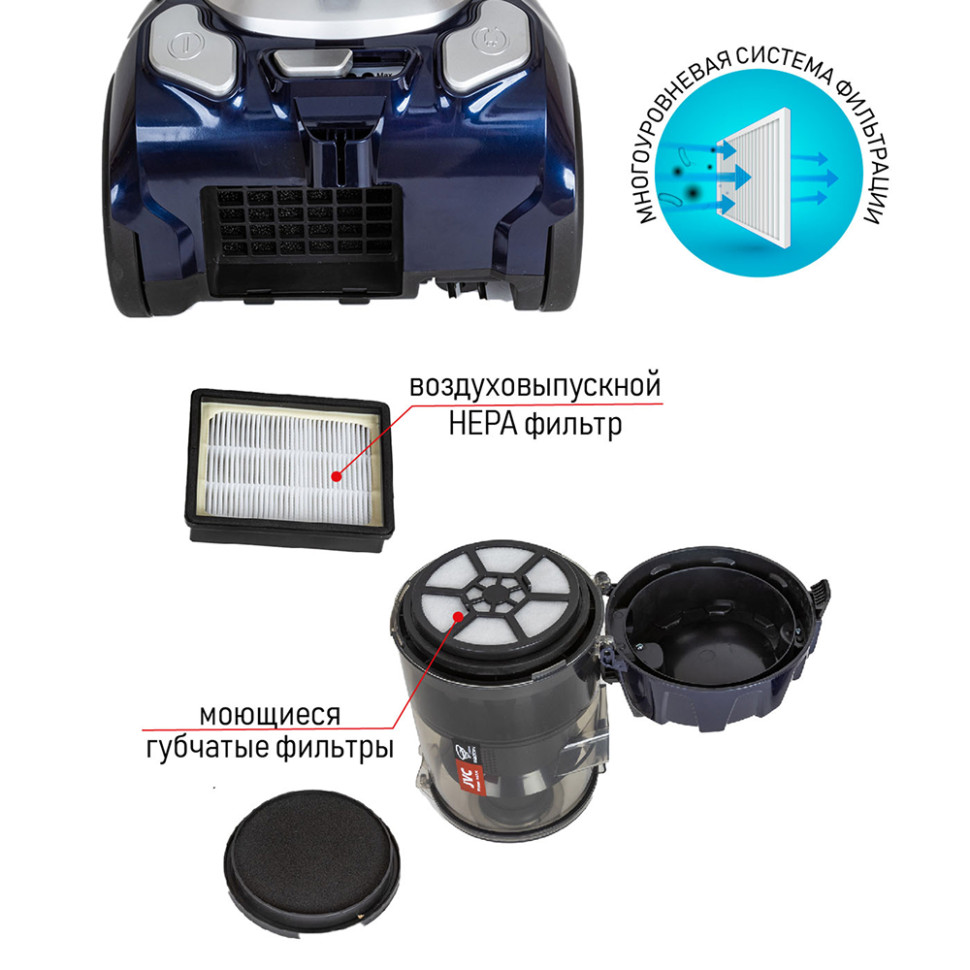 Пылесос JVC JH-VC410, Синий/черный, 400/2200Вт, уборка сухая, пылесборник контейнер 3л Пылесос JVC JH-VC410, Синий/черный, 400/2200Вт, уборка сухая, пылесборник контейнер 3л