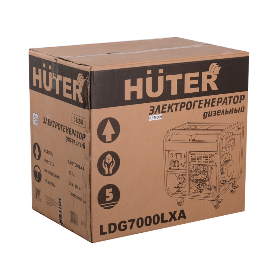 Генератор дизельный Huter LDG 7000LXА (5/5.5кВт, 1-фаза, 4-такт., AVR, руч./эл.старт., мед.обмотка) Генератор дизельный Huter LDG 7000LXА (5/5.5кВт, 1-фаза, 4-такт., AVR, руч./эл.старт., мед.обмотка)
