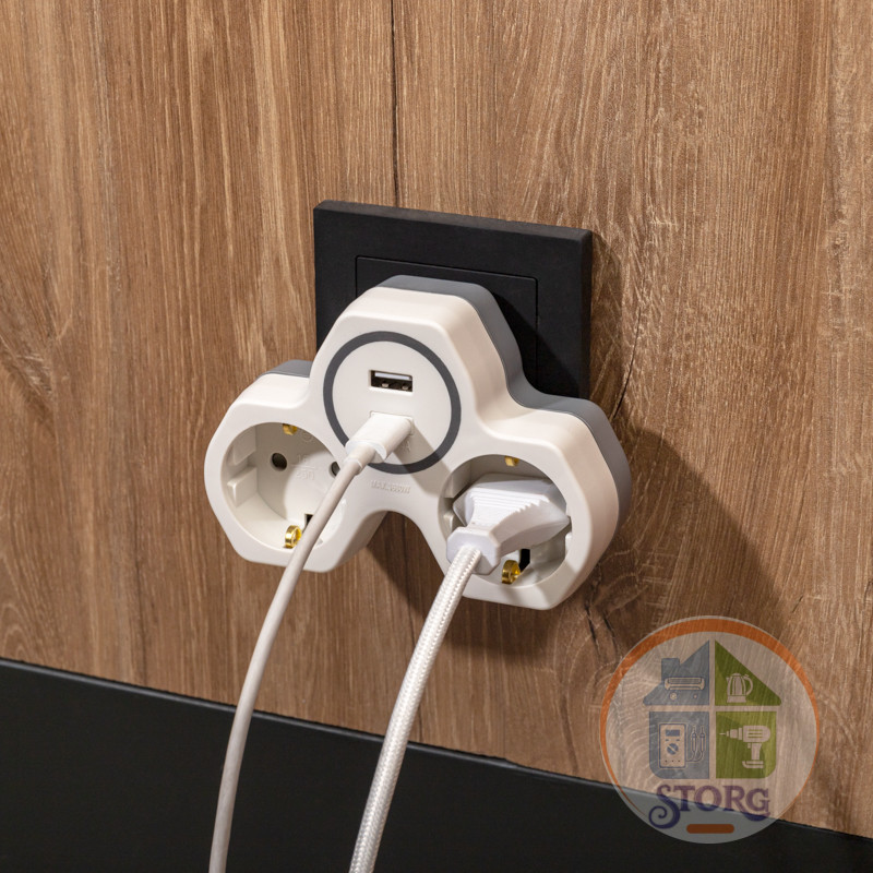 Двойник электрический (разветвитель) 16А с/з + USB-A + USB-C с защитными шторками, белый REXANT