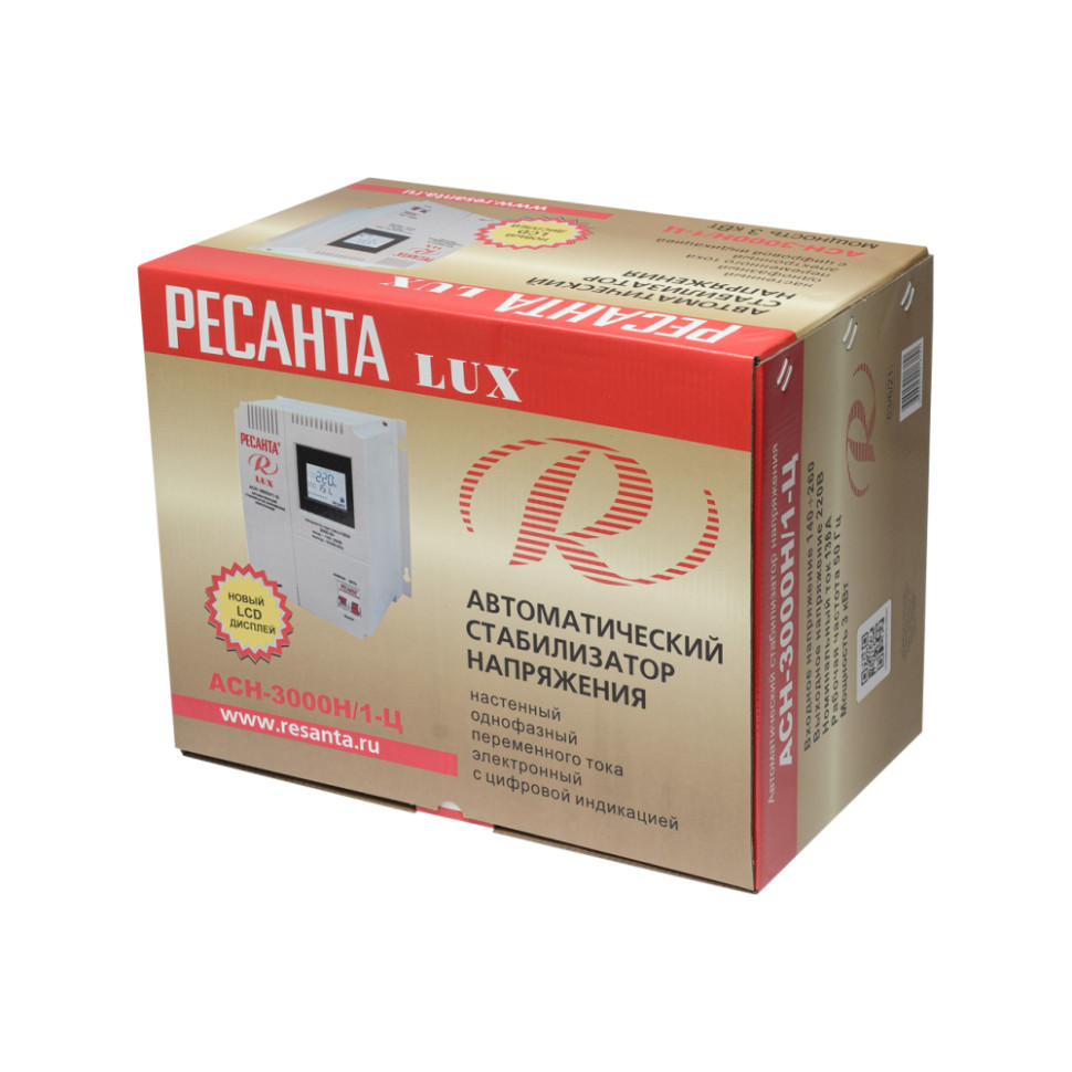 Стабилизатор напряжения релейный АСН- 3 000Н/1-Ц Ресанта Lux (настен., 3000Вт, 140-260В, КПД: 97 %, 1-фаза)