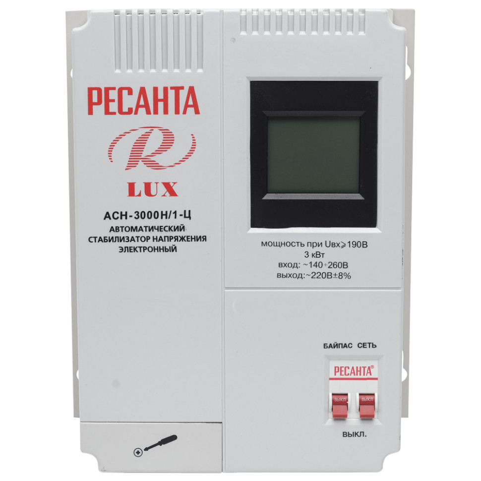 Стабилизатор напряжения релейный АСН- 3 000Н/1-Ц Ресанта Lux (настен., 3000Вт, 140-260В, КПД: 97 %, 1-фаза)