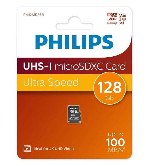Флеш карта microSD 128Gb PHILIPS High Speed microSDHC Class UHS-I U3, V30, A1, 100Mb/s