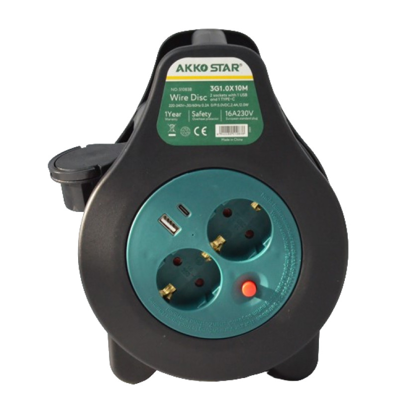 Удлинитель силовой на катушке AKKOSTAR 2- гнезда+USB+TypeC с заземлением 16A-230V (каучуковый) 10м