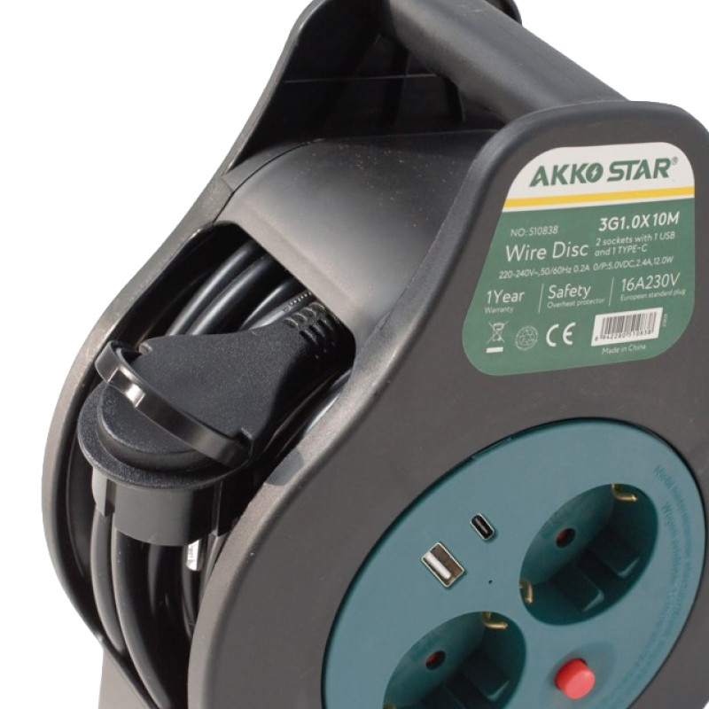Удлинитель силовой на катушке AKKOSTAR 2- гнезда+USB+TypeC с заземлением 16A-230V (каучуковый) 10м
