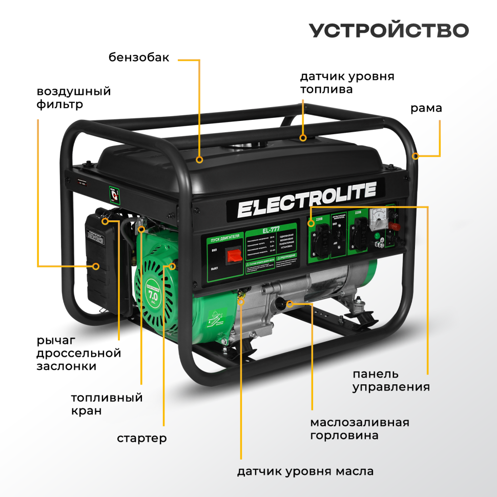 Генератор бензиновый ELECTROLITE EL777, 3.5 кВт MAX, 230 В, бензин 4Т, бак 15 л