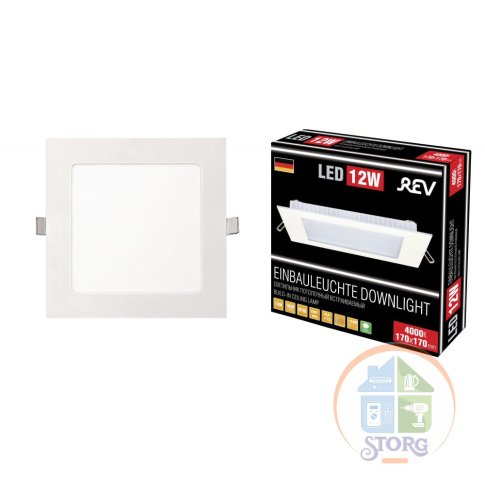 Панель светодиодная встраиваемая REV SuperSlim Quadro 12W, 4000К, квадрат, 170х170