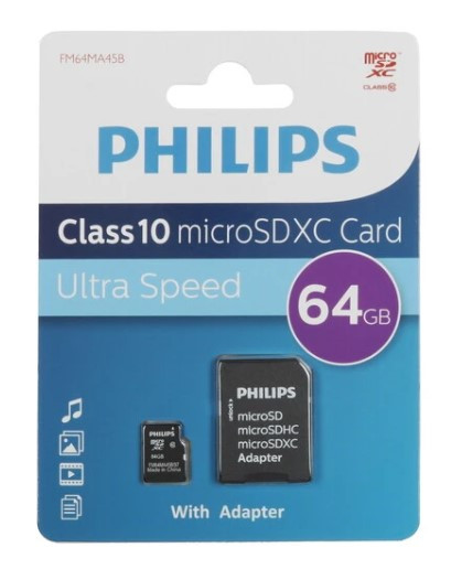 Флеш карта microSD 64Gb PHILIPS microSDHC Class 10 (SD адаптер)