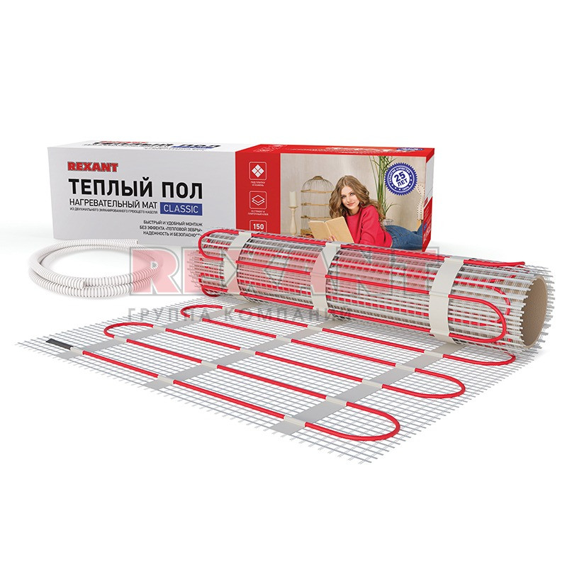 Теплый пол нагревательный мат REXANT Classic RNX-1.5-225, площадь 1.5 м2, 0.5х3 м, 225 Вт, 51-0503-2