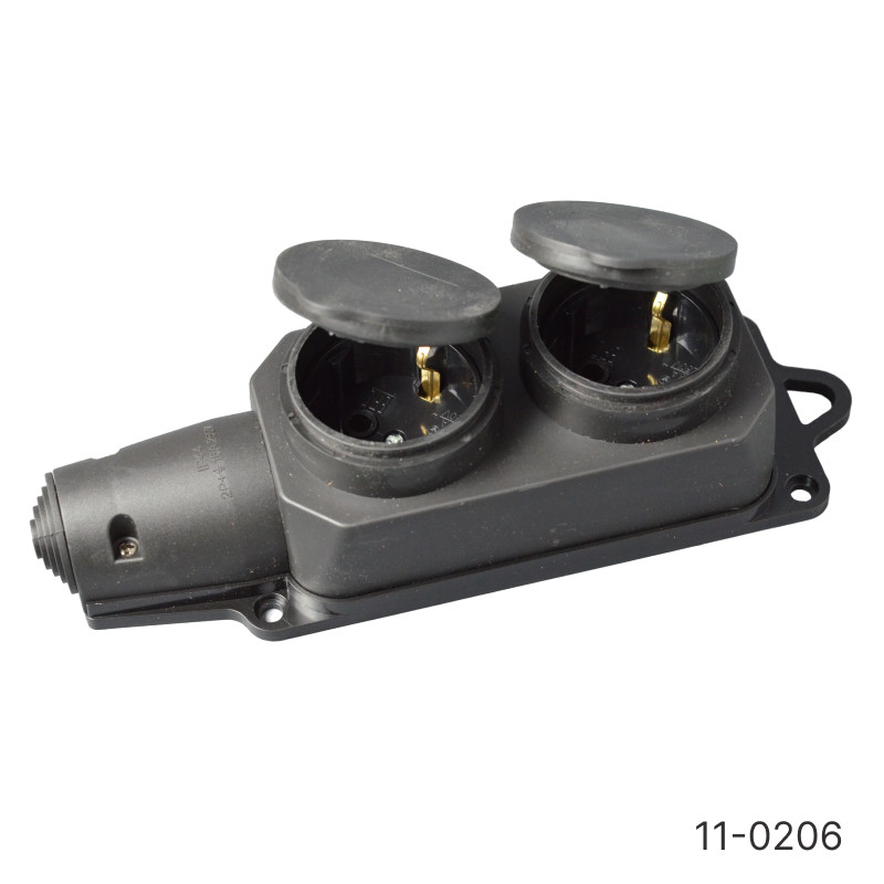 Колодка электрическая YK402P двойная каучуковая с заземлением 250V/16A IP44 (черный) (10шт)