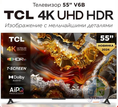 55" Телевизор TCL 55V6B черный 3840x2160, 4K Ultra HD, 60 Гц, Wi-Fi, Smart TV, Google TV