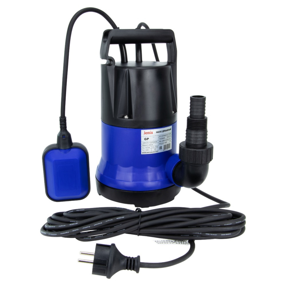 Насос дренажный JEMIX, GP-1100, корпус пластик, 1.1 КВт, напор 9,5 м, произв. 14 куб.м/час, диаметр всасываемых частиц 5 мм