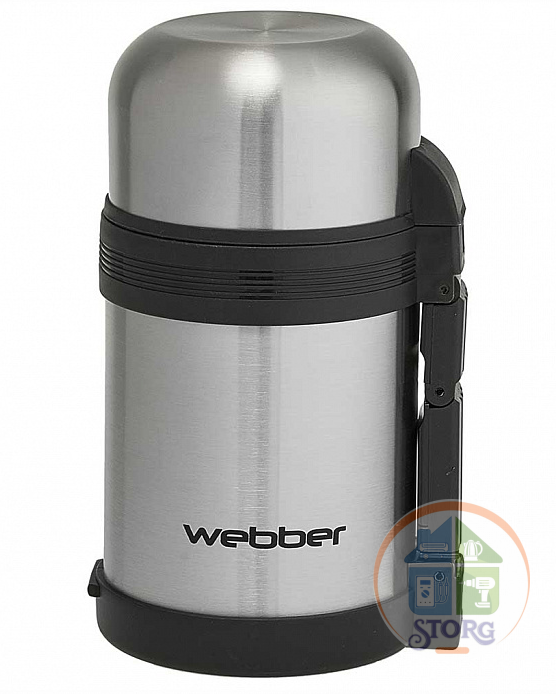 Термос WEВBER SST-800P (Черный/Металлик;Объем 800мл;Ремень для переноски;Пласт.стакан;Пробка с кноп)