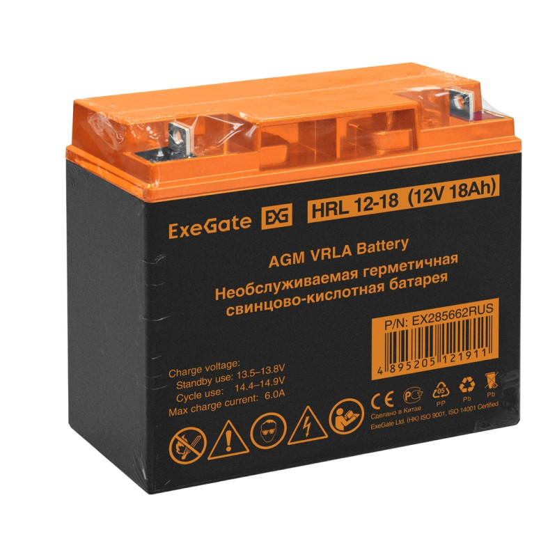 Аккумуляторная батарея ExeGate EX285662RUS HRL 12-18 (12V 18Ah, клеммы F3 (болт М5 с гайкой)