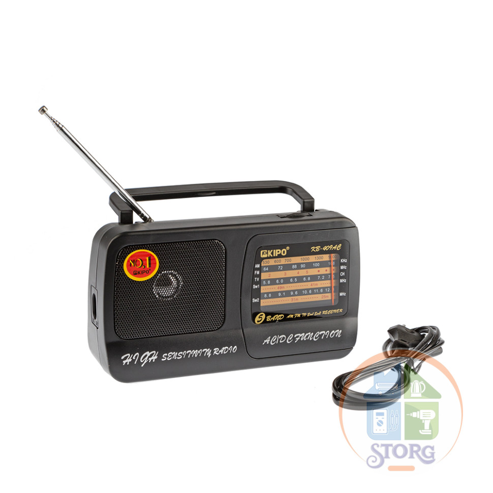 Радиоприемник KIPO KB-409AC (ORIG) ( FM, УКВ, СВ, КВ, питание от сети и бат.R20 , AUX) (Гр.30дн)