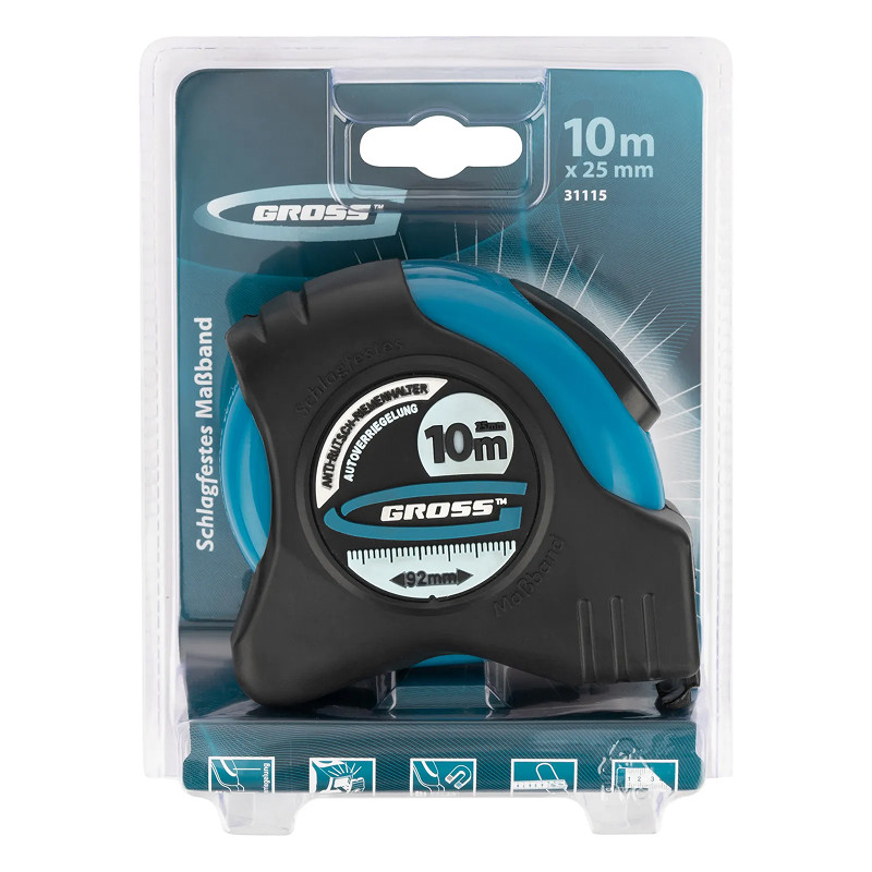 Рулетка Gross "Schlagfest",10 м x 25 мм, магн. обрез зацеп, двухст. шкала, автоматич. фиксация