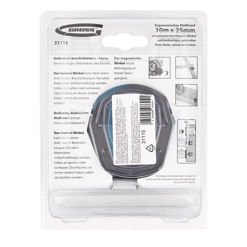 Рулетка Gross "Schlagfest",10 м x 25 мм, магн. обрез зацеп, двухст. шкала, автоматич. фиксация