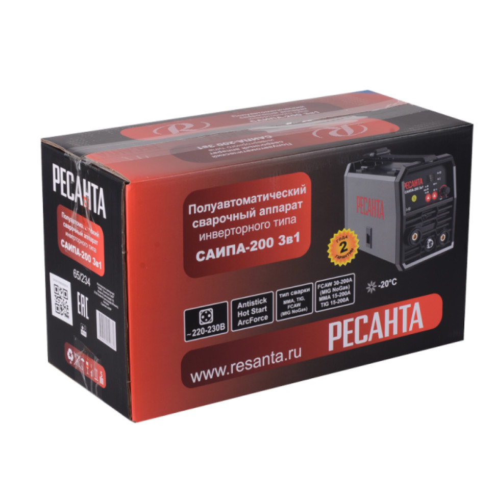 Сварочный аппарат полуавтомат Ресанта САИПА-200, MMA/FCAW/TIG Lift, 15–200А, 5,6кВт, 140–270В, ПВ70% Сварочный аппарат полуавтомат Ресанта САИПА-200, MMA/FCAW/TIG Lift, 15–200А, 5,6кВт, 140–270В, ПВ70%