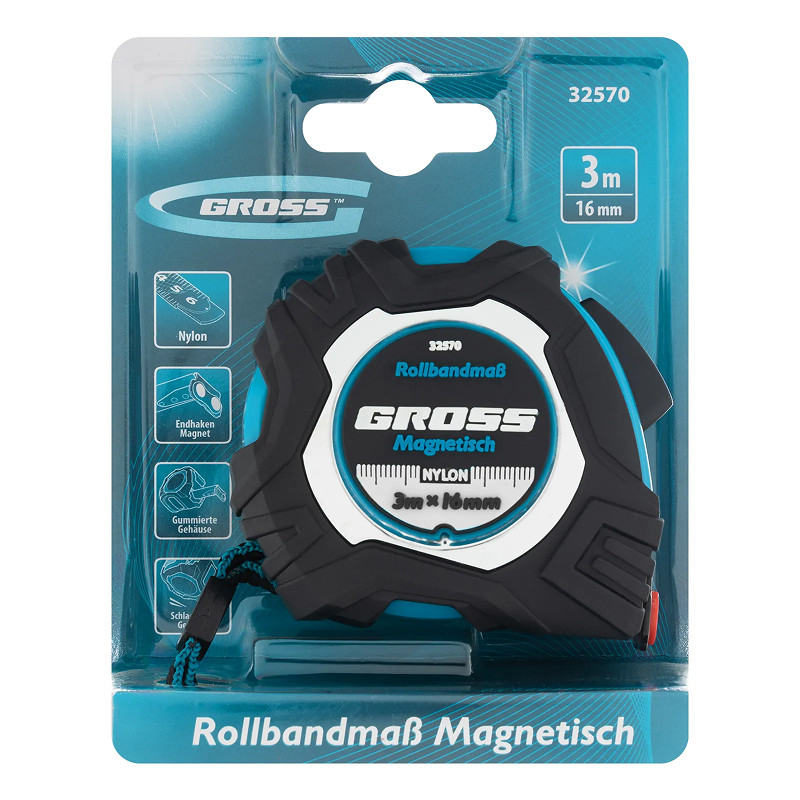 Рулетка Gross Magnetisch, 3м х 16мм,обрезин. корпус,автоматич. фиксация, нейлон. покр.,магн. зацеп
