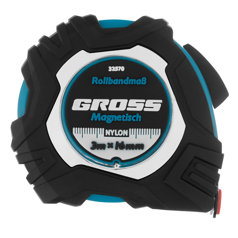 Рулетка Gross Magnetisch, 3м х 16мм,обрезин. корпус,автоматич. фиксация, нейлон. покр.,магн. зацеп