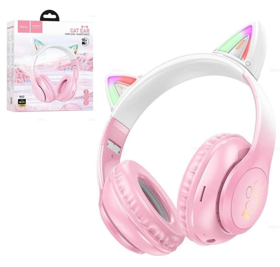 Беспроводные наушники HOCO W42 Cat, Bluetooth, jack 3.5 mm, накладные, розовый Беспроводные наушники HOCO W42 Cat, Bluetooth, jack 3.5 mm, накладные, розовый