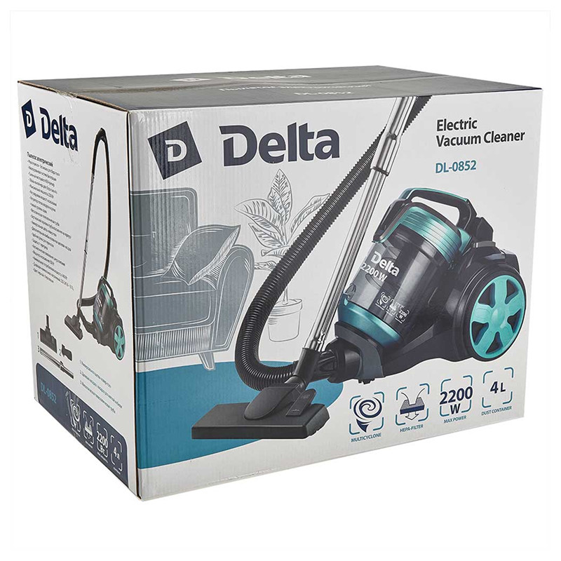 Пылесос DELTA DL-0852 Мультициклон,черный с бирюзовым: 2200Вт,,мощн. всасыв.350Вт