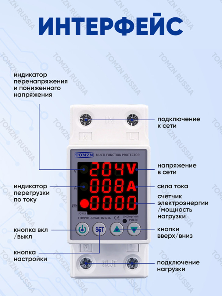 Реле контроля напряжения TOMZN TOVPD1-63VAE, 63А, со счётчиком электроэнергии, DIN‑рейка 35мм