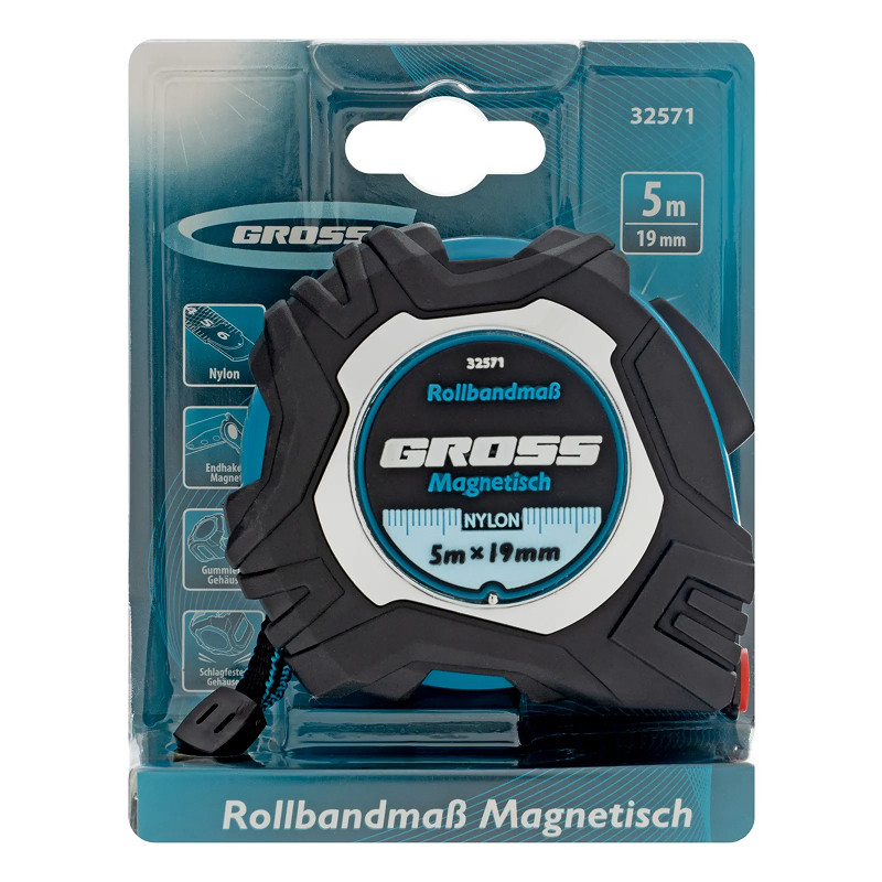 Рулетка Gross Magnetisch, 5м х 19мм, обрезин. корпус,автоматич. фиксация, нейлон. покр.,магн.зацеп