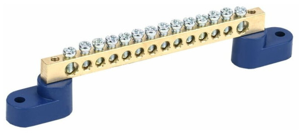 Шина «N» REXANT нулевая 6х9 мм на двух угловых синих изоляторах 14 групп, 11-2329