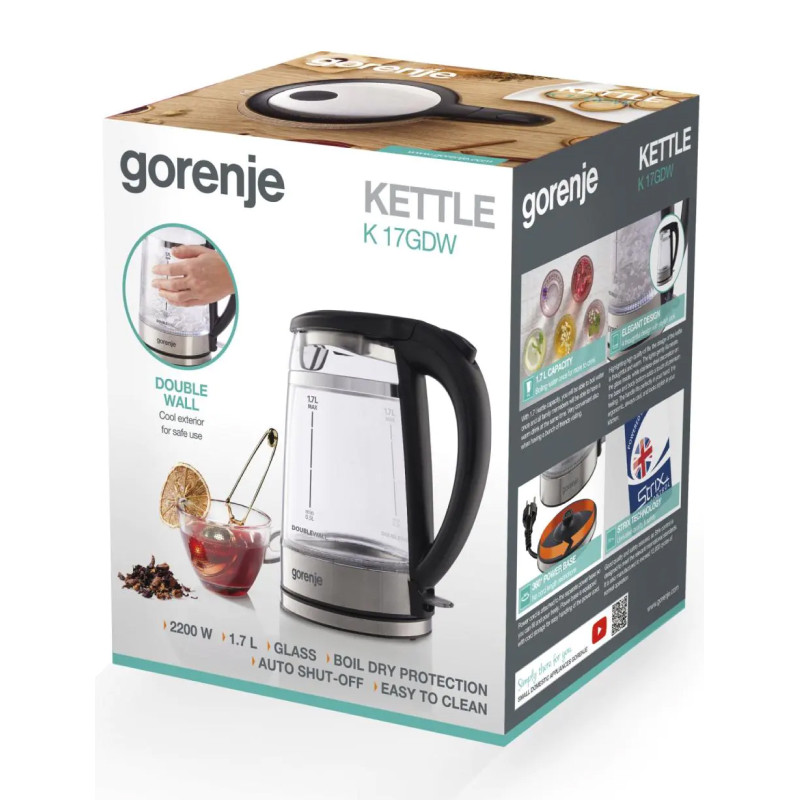 Чайник электрический Gorenje K17GDW 743902 (Черный, 2200Вт, 1,7л, стеклянный)