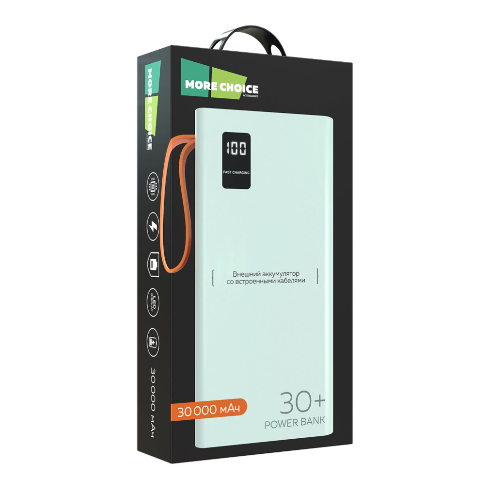 Внешний аккумулятор Power Bank More choice PB22-30 с кабелем 2USB 2.1A - 30000mAh, Белый (4620202550583) Внешний аккумулятор Power Bank More choice PB22-30 с кабелем 2USB 2.1A - 30000mAh, Белый (4620202550583)