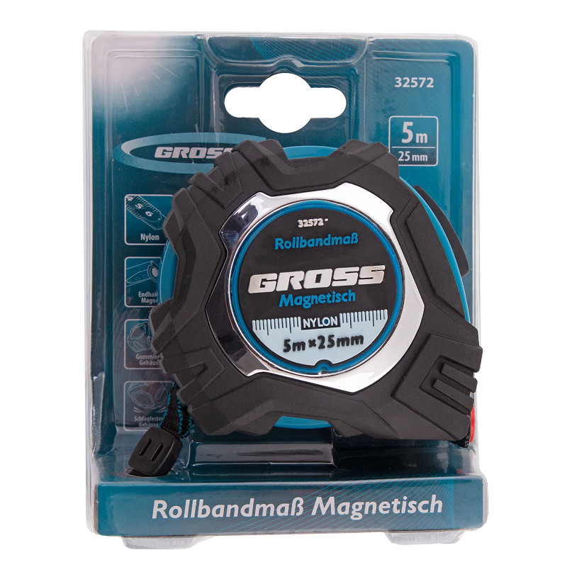 Рулетка Gross Magnetisch, 5м х 25мм, обрезин. корпус,автоматич. фиксация, нейлон. покр.,магн.зацеп
