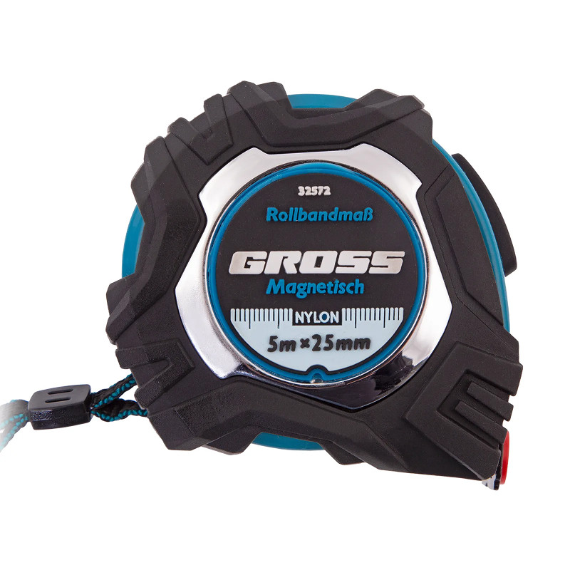 Рулетка Gross Magnetisch, 5м х 25мм, обрезин. корпус,автоматич. фиксация, нейлон. покр.,магн.зацеп