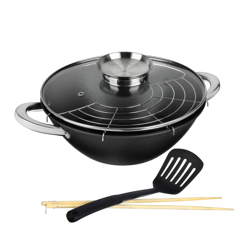 Казан чугун SATOSHI, 28см,3.6л,антипр.покр,нерж.ручк,решетка, стекл.крыш,нейлон.лопатка,бамб.палочки