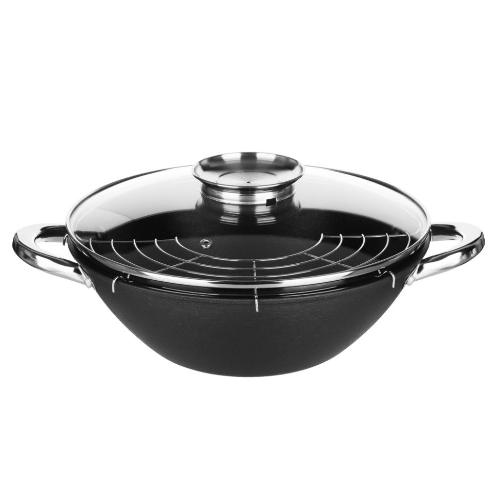 Казан чугун SATOSHI, 28см,3.6л,антипр.покр,нерж.ручк,решетка, стекл.крыш,нейлон.лопатка,бамб.палочки