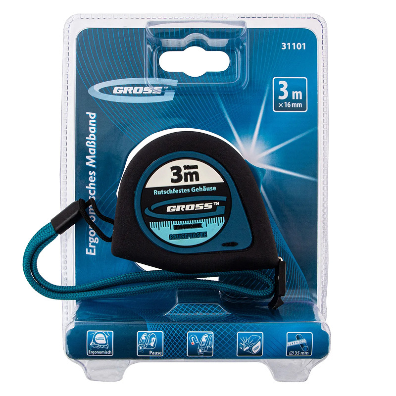 Рулетка Gross "Ergonomisch", 3 м x 16 мм, магнитный обрезиненный зацеп.
