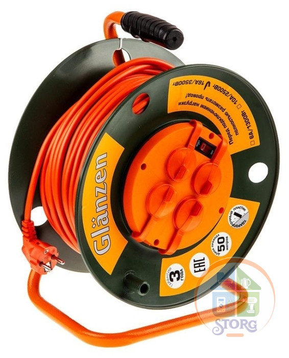 Удлинитель силовой на катушке GLANZEN 4 гн. ПВС 3х1,5 IP44 арт. ЕВ-50-007 50 м