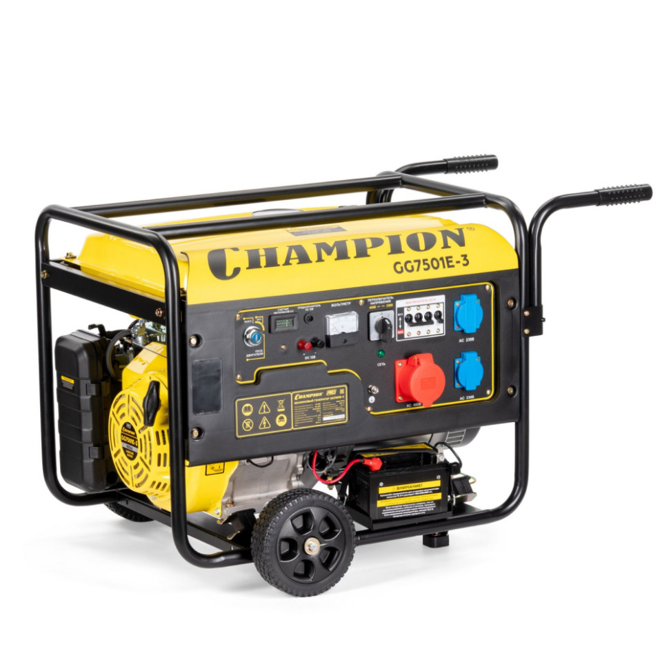 Генератор бензиновый CHAMPION GG7501E-3 (PRO 400/230В, 7.5кВт/8.1кВА, 3-фаз., эл.старт, мед.обмотка) Генератор бензиновый CHAMPION GG7501E-3 (PRO 400/230В, 7.5кВт/8.1кВА, 3-фаз., эл.старт, мед.обмотка)