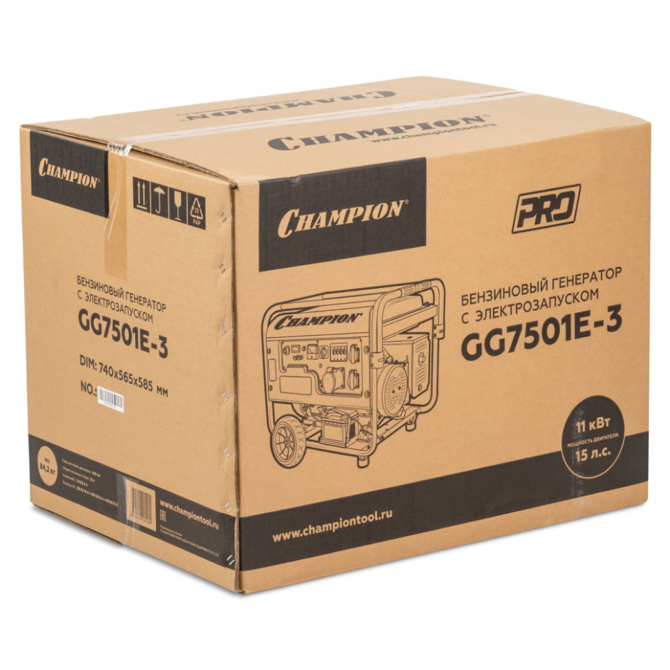 Генератор бензиновый CHAMPION GG7501E-3 (PRO 400/230В, 7.5кВт/8.1кВА, 3-фаз., эл.старт, мед.обмотка) Генератор бензиновый CHAMPION GG7501E-3 (PRO 400/230В, 7.5кВт/8.1кВА, 3-фаз., эл.старт, мед.обмотка)