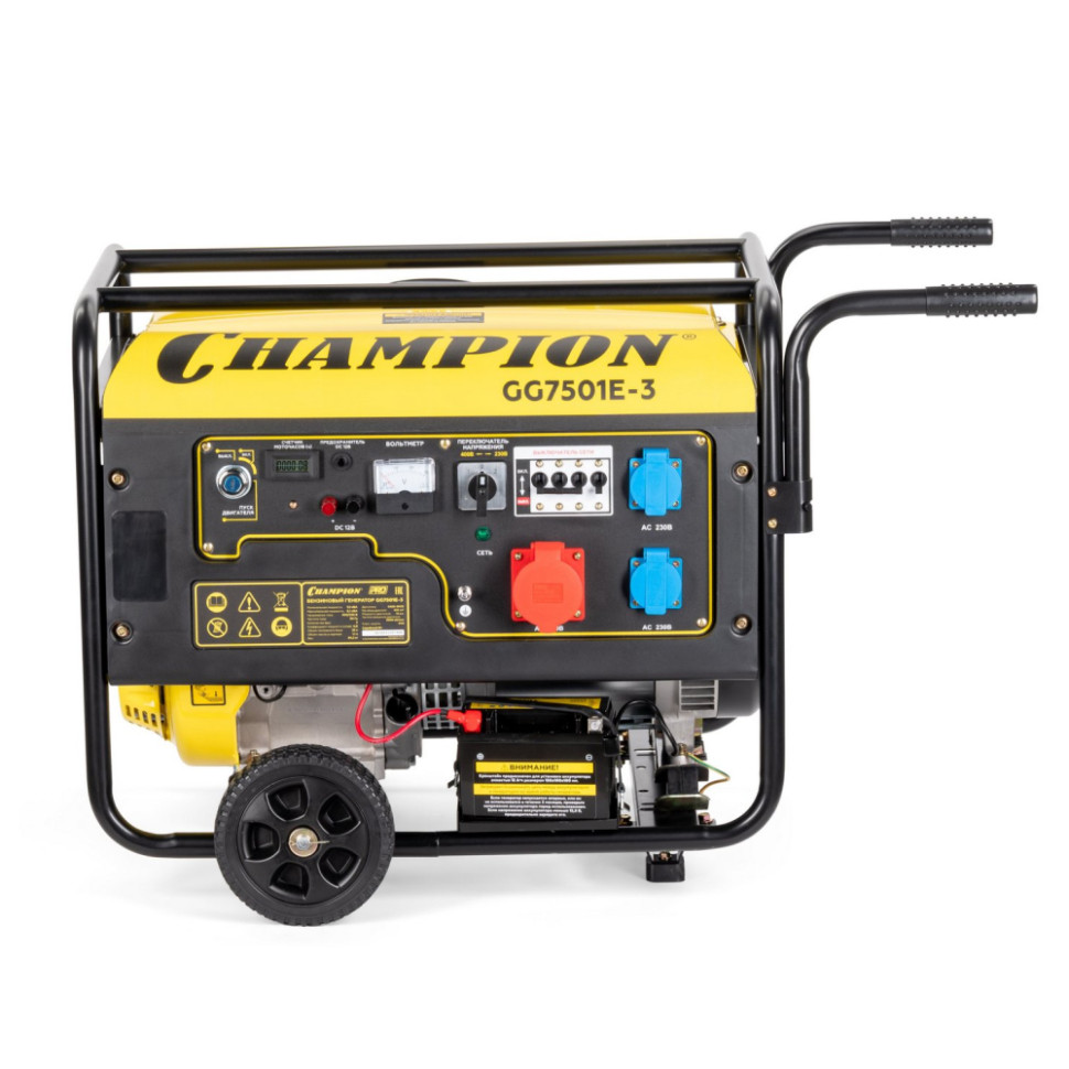 Генератор бензиновый CHAMPION GG7501E-3 (PRO 400/230В, 7.5кВт/8.1кВА, 3-фаз., эл.старт, мед.обмотка) Генератор бензиновый CHAMPION GG7501E-3 (PRO 400/230В, 7.5кВт/8.1кВА, 3-фаз., эл.старт, мед.обмотка)