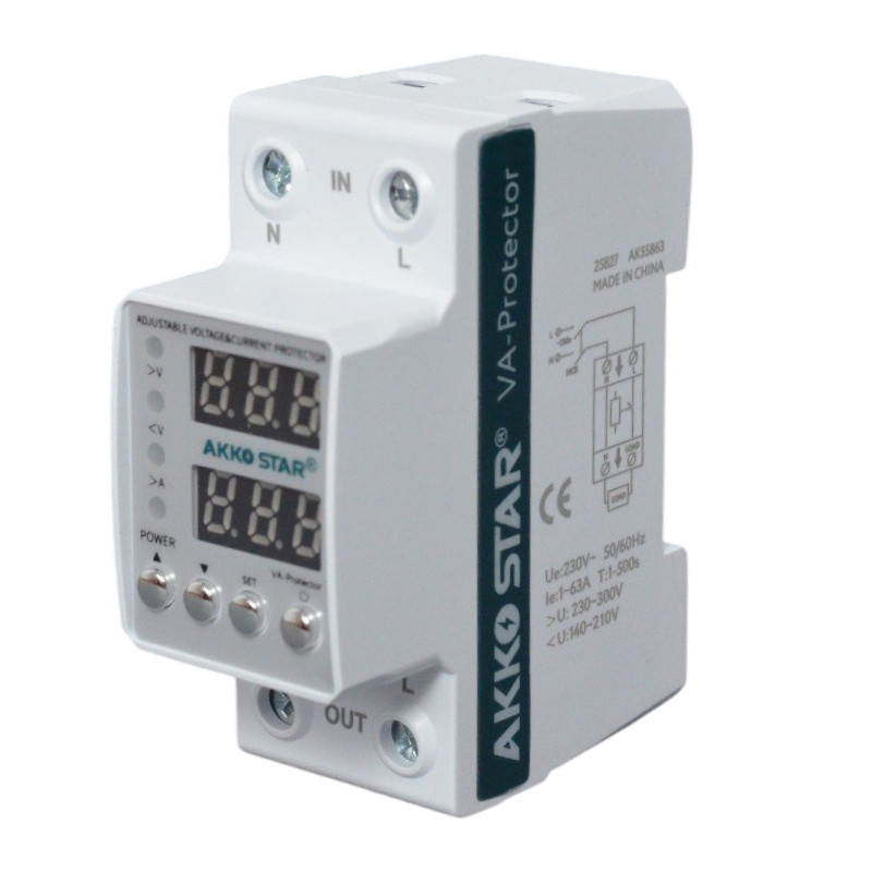 Реле контроля напряжения AKKOSTAR AC 140-210V/230-300V 50/60Hz 1-63A