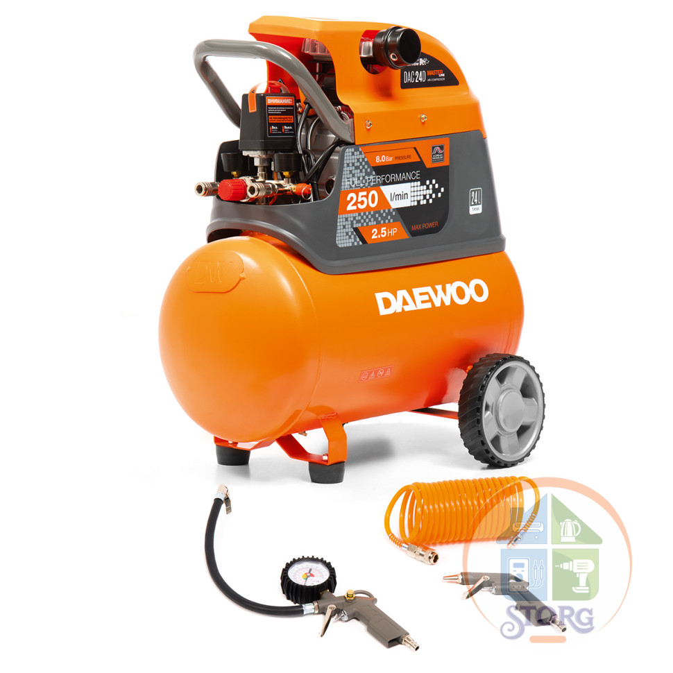 Компрессор поршневой DAC 24D DAEWOO, 1.85кВт, ресивер 24л, 250 л/мин