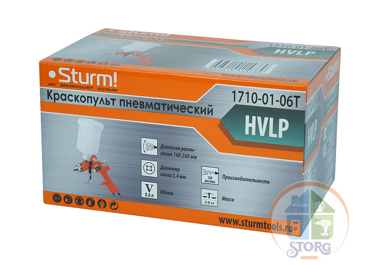 Краскопульт для компрессора Sturm! 1710-01-06T, 600г HVLP верхн.бачок, d сопла 1,4 мм