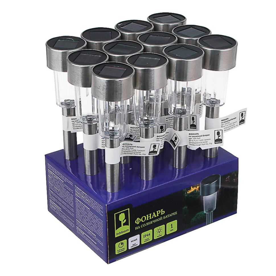 Фонарь садовый на солнечной батарее INBLOOM 30х4.7см, 1LED, 1.2V 40mAh Ni-MH, пластик, нерж.сталь