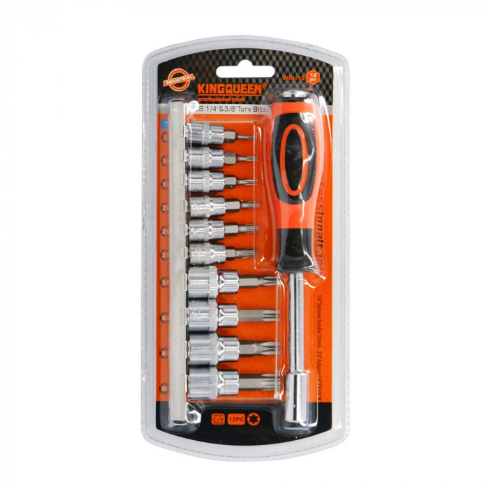 Набор бит (TORX) 1/4 и 3/8 с воротком 150 мм 12 предметов KINGQUEEN WIB-15